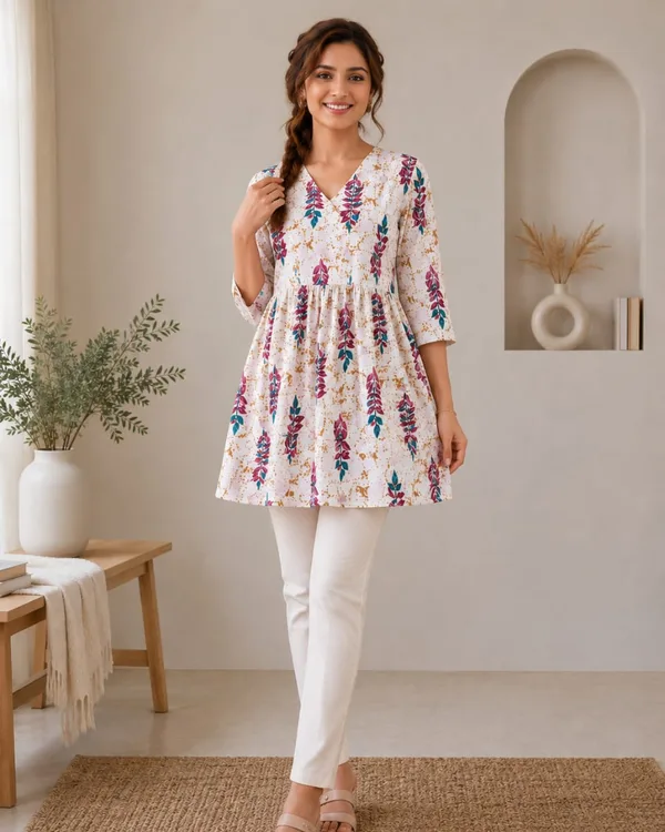 ANARKALI PATTERN SHORT KURTI WITH PINKBLUE LEAF PATTERN FOR WOMEN'S DAILY WEAR 